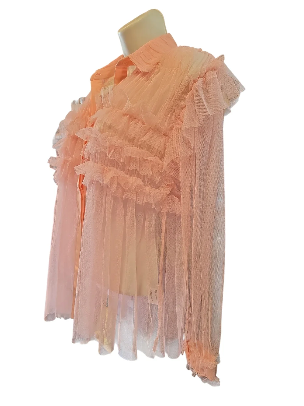 Why Sheer Pink Ruffle Button-Up Blouse - Picture 6 of 10